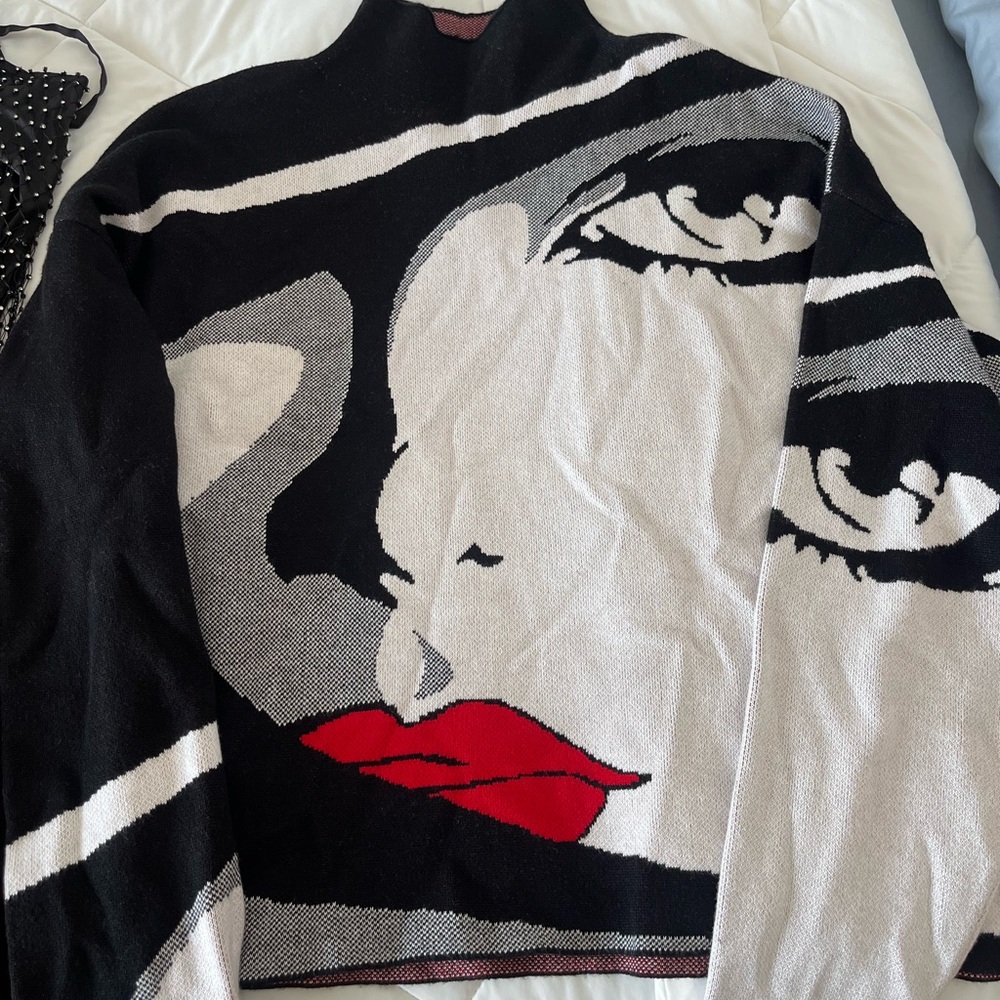 AKIRA Black and White Graphic Turtleneck Sweater